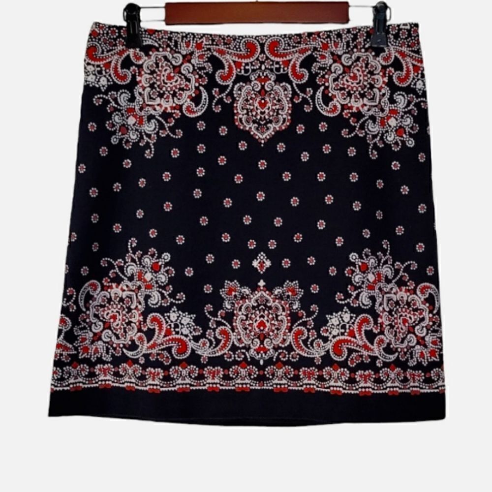 Talbots Navy Blue & Red Polka-dot Paisley Patterned Side Zip Pencil Skirt Size 8